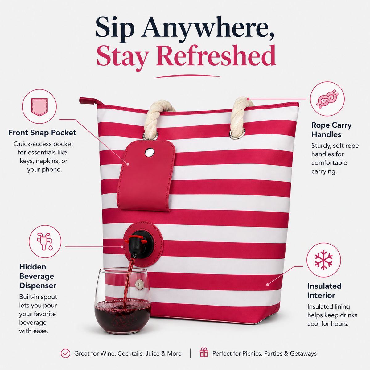 Insulated Beach Tote with Hidden Drink Dispenser – Leakproof 1.5L Spout Bag