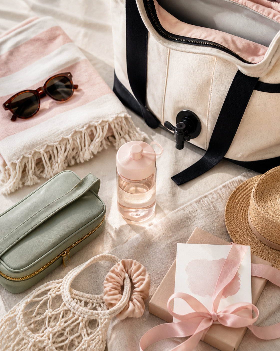A curated Fairlane Goods flatlay of beach day and travel essentials